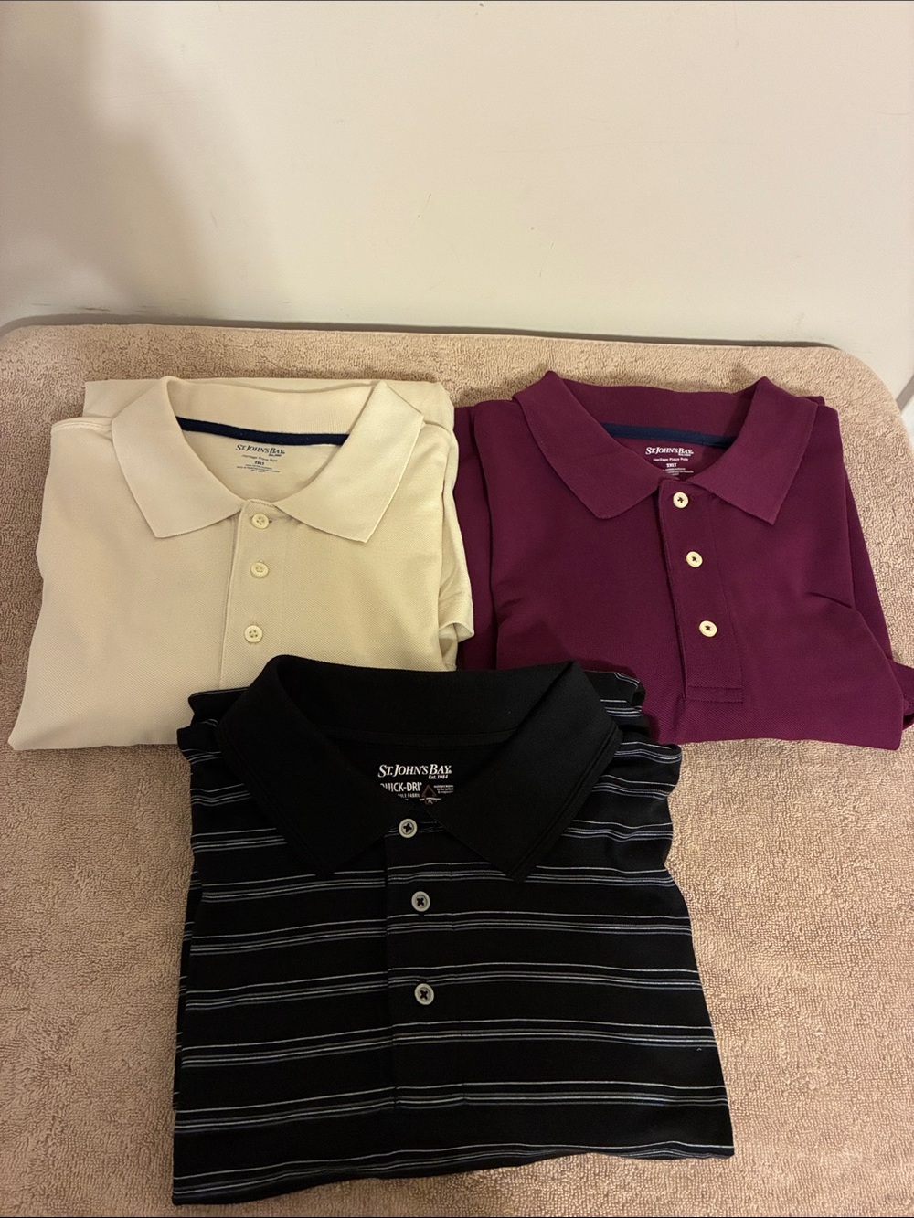 Lot of 3 St. John's Bay Men's Polo Trio - Cream, Burgundy, and Black Stripe